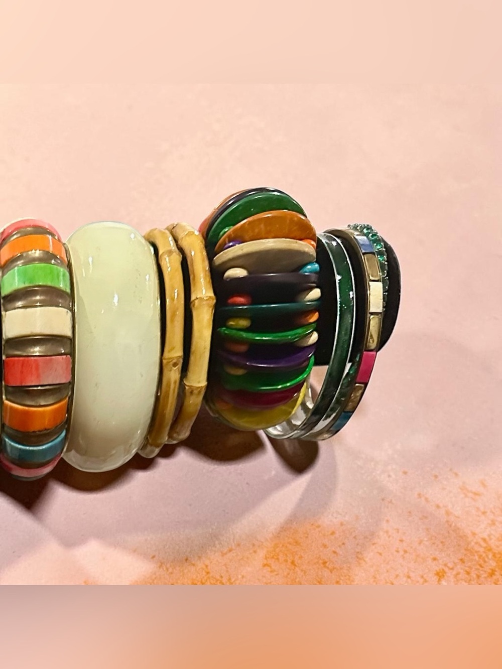 Vintage Chunky Boho Bangle Bracelet Stack Colorful Rhinestone Bamboo Wood 8 Pc